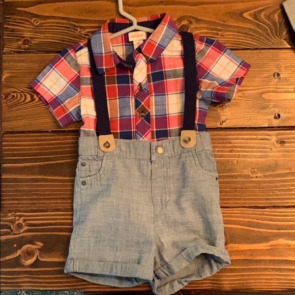 Plaid button up with shorts and suspenders set - Picture 1 of 1